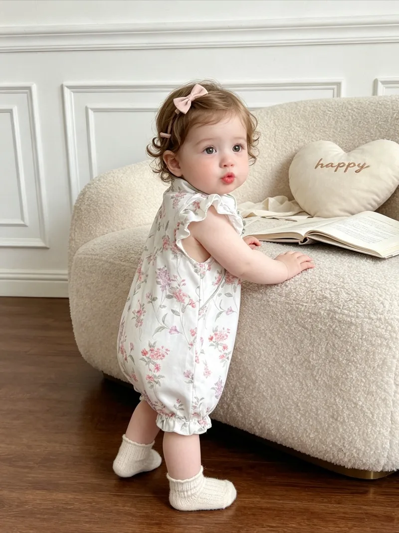 One-Pieces Jumpsuit Summer New Baby Clothing Chinese Style Thin Short Sleeve Jumpsuit Cool and Breathable Baby Girl Clothing