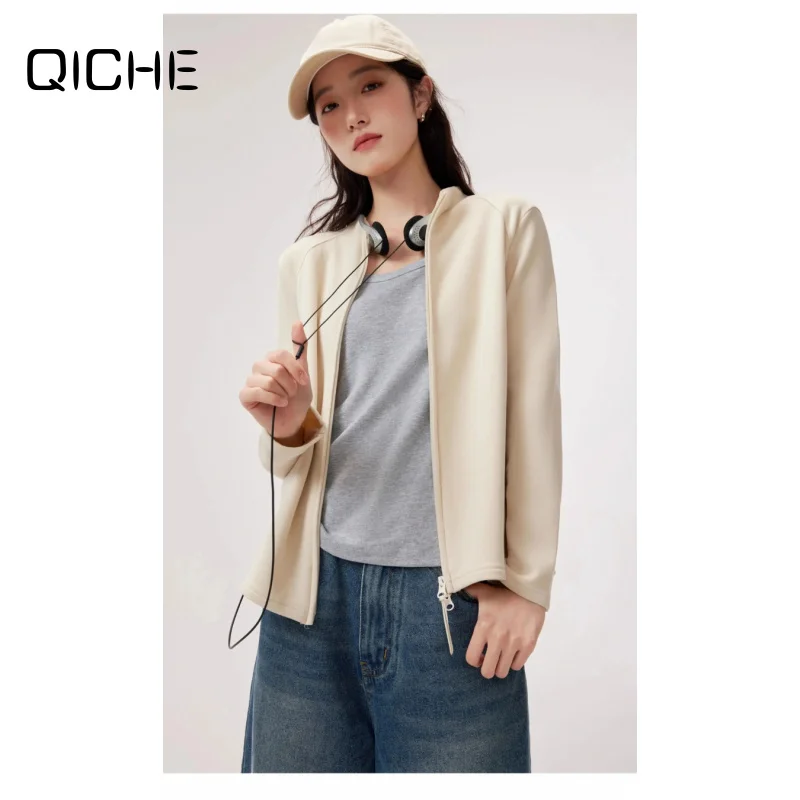 QICHE Women Minimalist Mock‑Neck Dralon Long‑Sleeve Top Autumn Winter New Double‑Zip Slim‑Fit Base Layer Outerwear