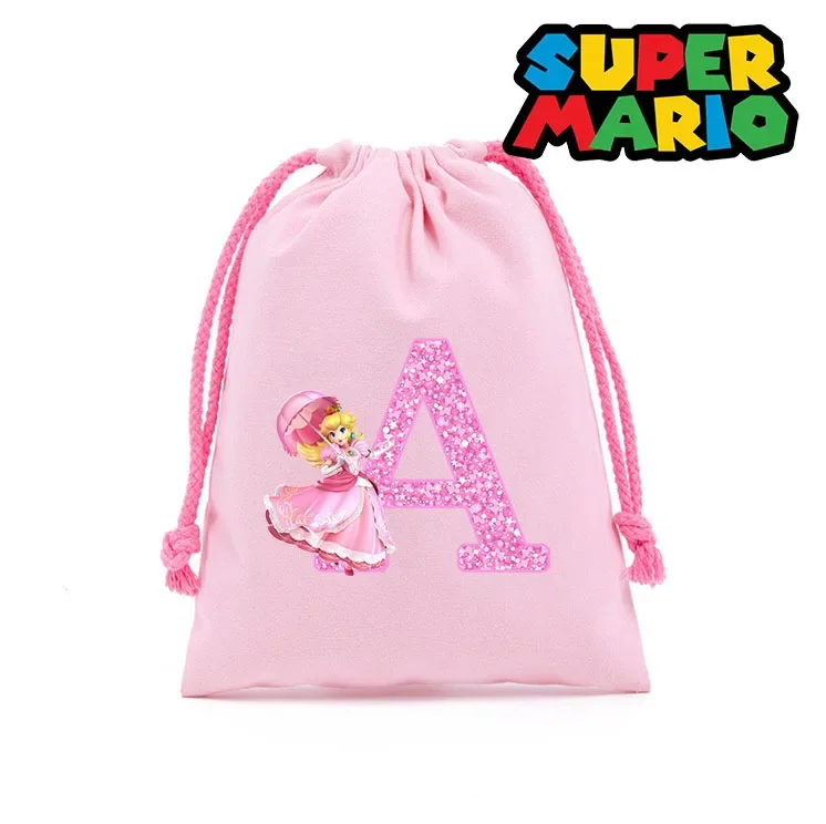 Nuevo bolso de mano de princesa melocotón de Super Mario para niños, bolsas de almacenamiento con letras de dibujos animados, bolsa con cordón de gran capacidad, regalos de cumpleaños para niños