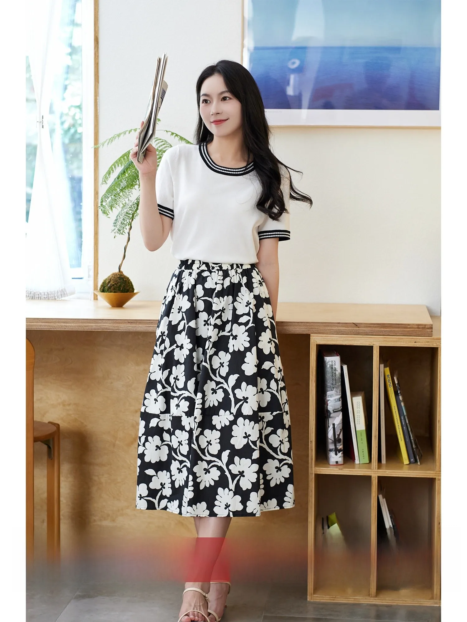 

Черная хлопковая юбка А-силуэта с цветочным принтом, эластичная, с завышенной талией, стройнящая, универсальная, для повседневной носки, длинная, из полиэфирного волокна