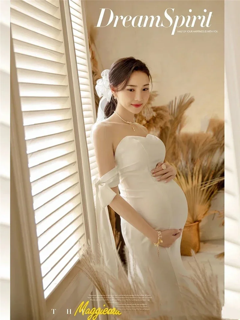 

Women Photography Props Maternity Dresses White Elegant Tube Top Pregnancy Trailing Dress Studio Shooting Photo Props