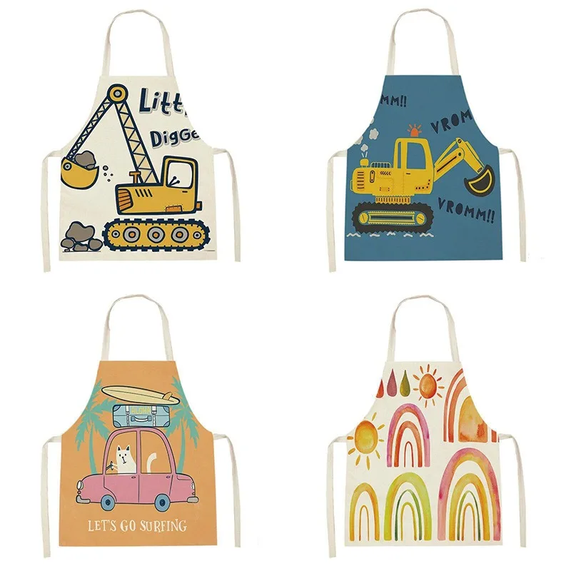 

Льняной фартук с мультяшным экскаватором, льняной фартук для покраски, противообрастающий и грязный комбинезон, кухонные нагрудники с горячим горшком