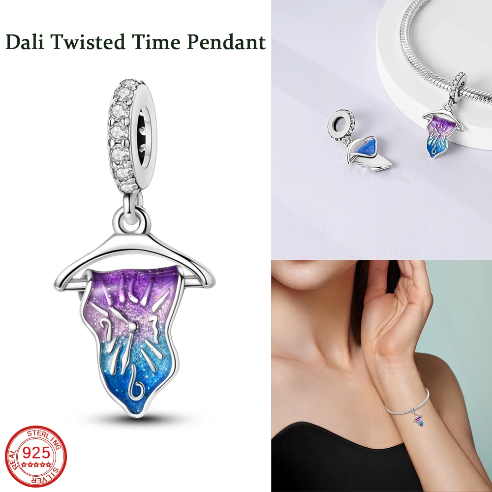 New Cute 925 Sterling Silver Dali Twisted Time Charm Pendant Fit DIY Women's Bracelet Necklace Jewelry Gift Accessories