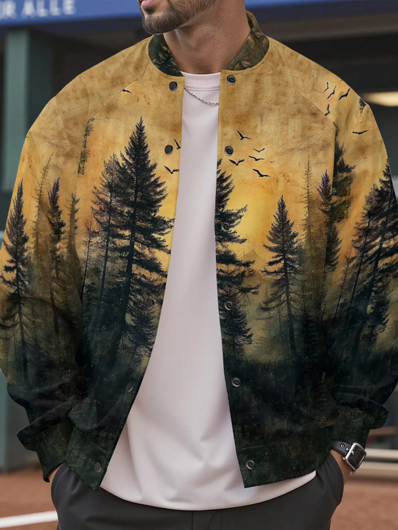 

Модные мужские винтажные куртки с лесным принтом и мотивом птиц, уличное зимнее бейсбольное пальто в стиле природы для повседневной одежды на стадион