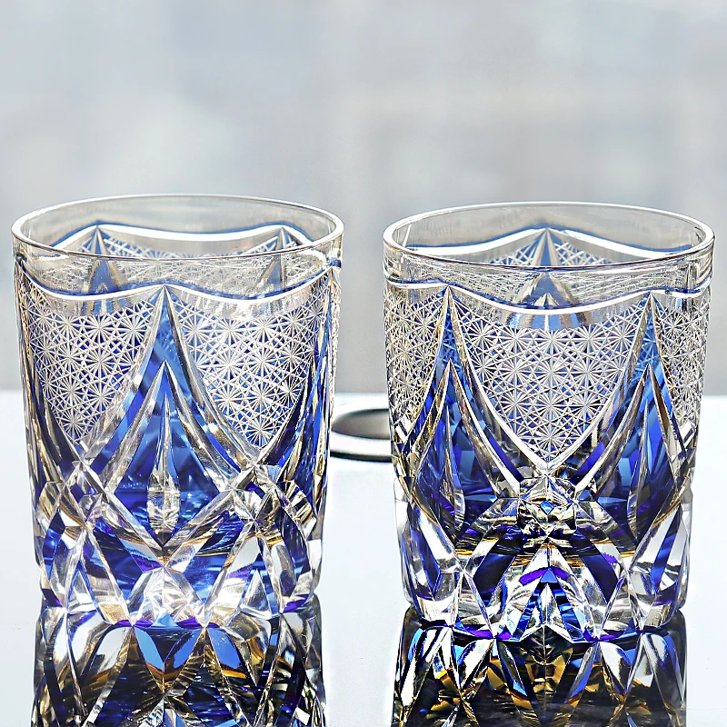 

2024 Cylinder Japanese Edo Kiriko Type Glass Manual Cut Blue Crystal Glass Wine Brandy Tumbler Rock Glasses Whisky Cup 220ml