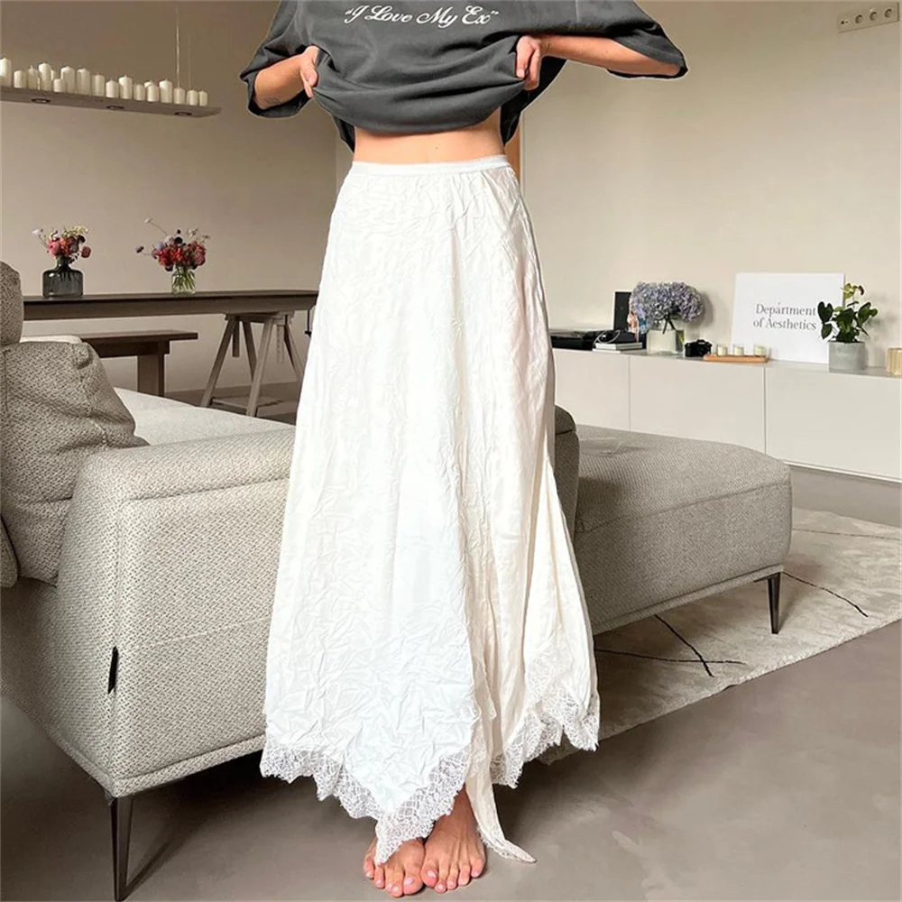 

Fashion White Irregular Long Skirt for Women 2024 Summer Autumn Lace Patchwork Hem Pleated High Waist Skirt Streetwear