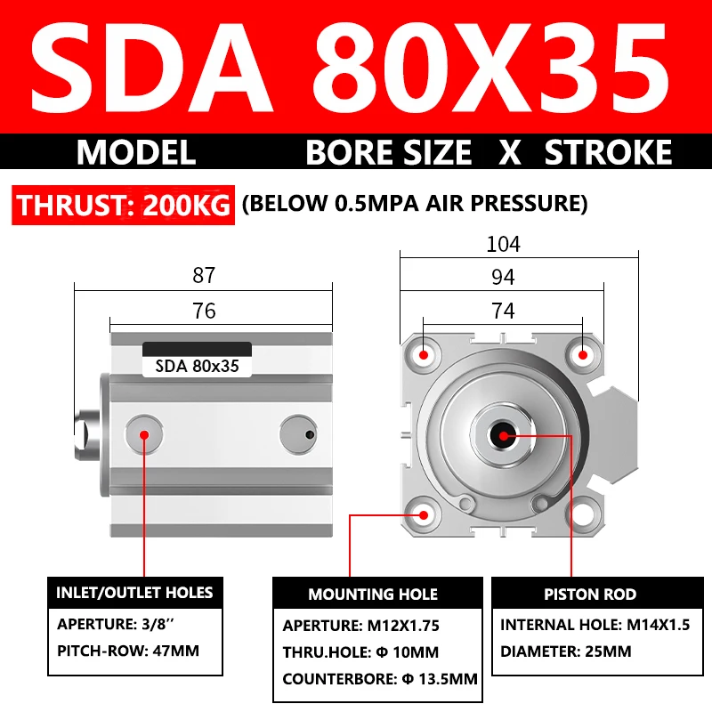 ABILKEEN SDA80X35 SDA Series Thin Air Cylinder 80MM Female Thread Bore X 35MM Stroke Double Acting Pneumatic Compact Cylinder