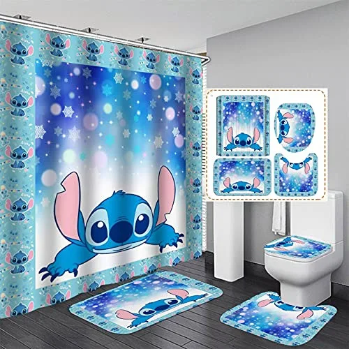 Disney Stitch Bathroom Curtains Shower Curtain Set for Bathroom Cartoon Ornate Bath Rug Decor