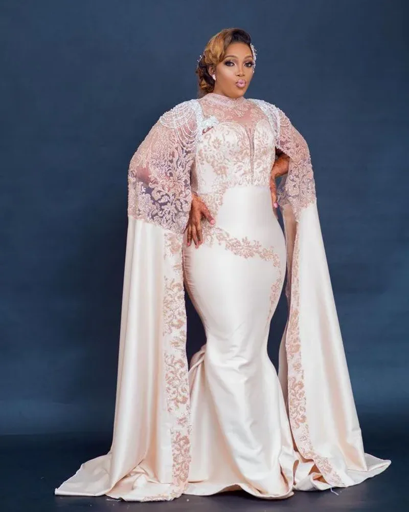 Blush Pink Mermaid Evening Dresses with Cape Sleeve 2024 Lace Stain Tassel Beaded African Aso Ebi Arabic Prom Dress Robes