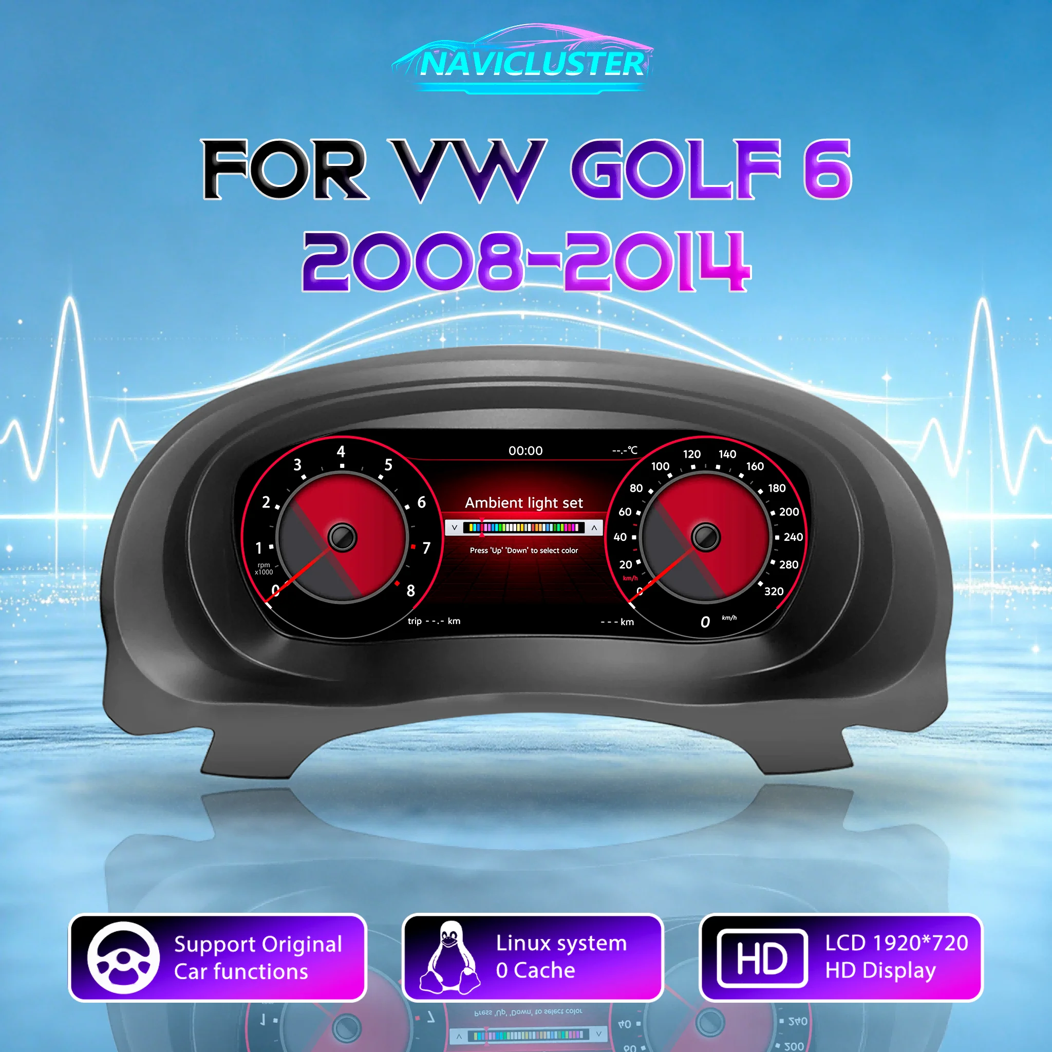 Tachometer Linux 1920*720 HD-Bildschirm LCD-Digital-Armaturenbrett für VW Golf 6 MK6 2008-2014 Jahrgänge Cluster Auto Instrumententafel Cockpit