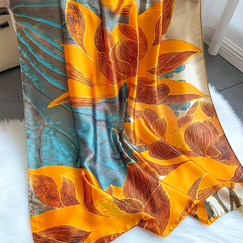 Fashion Flower Long Shawls Four Seasons 180X90CM Bandannas Europe And America Beach Towel Popular Satin Print Silk Scarves