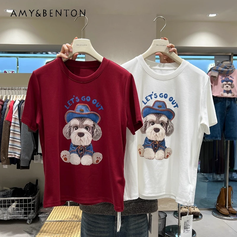 

Cartoon Print Design Short Sleeved T-shirt For Women's 2026 Early Spring New Style Regular Shoulder O-Neck Inner Wear Top Tees