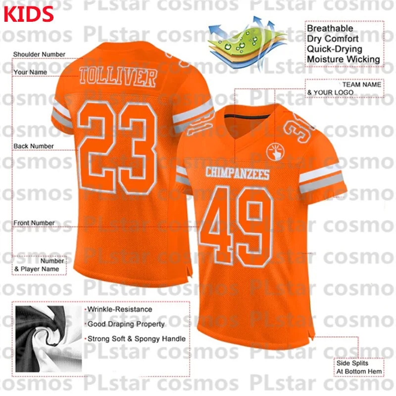 Custom Orange White-Gray Mesh Authentic Football Jersey 3D Printed Kids Football Jersey Boys Tops Girl Tees