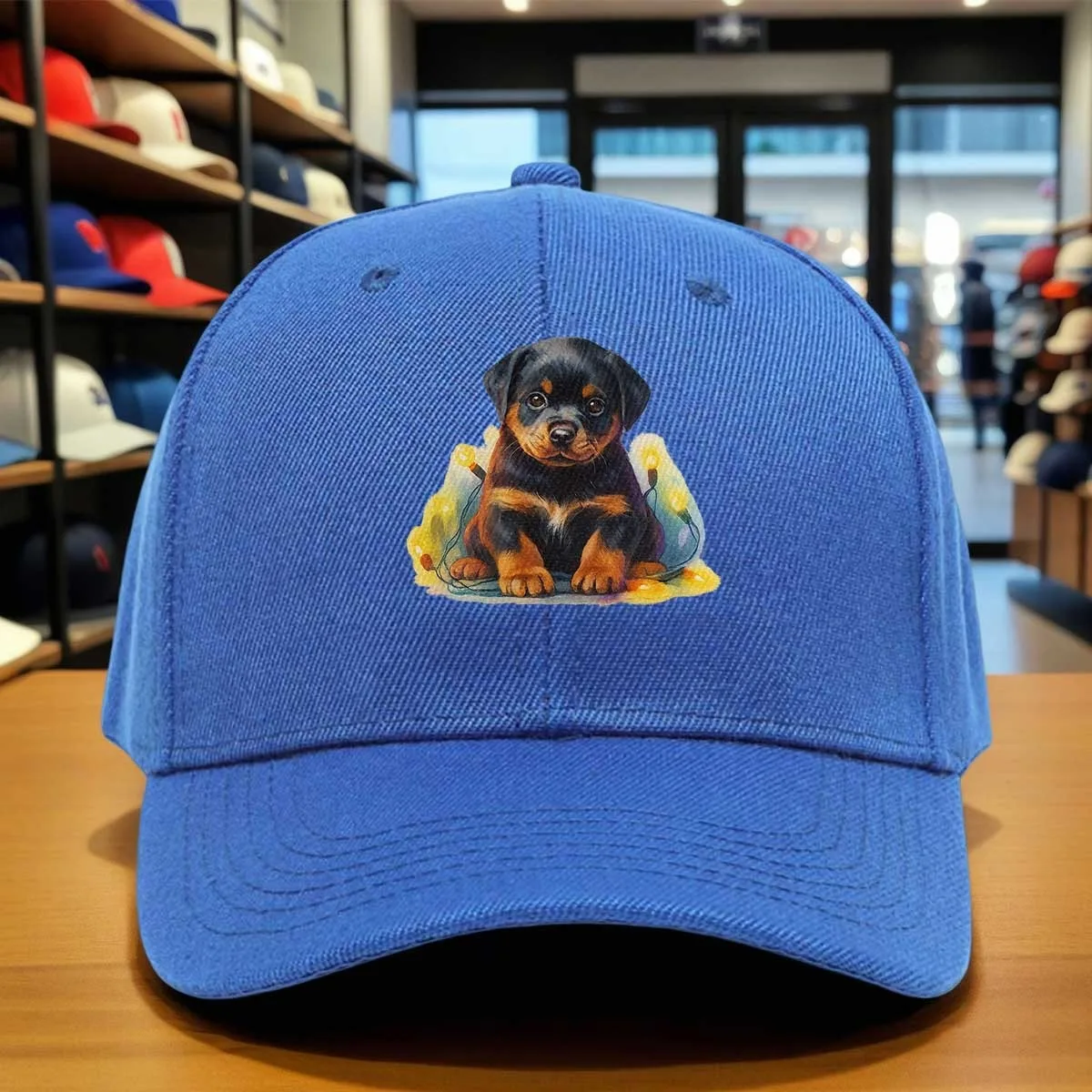Watercolor Rottweiler Puppy with String Lights Print Baseball Cap, Cute Adjustable Hat for Pet Lovers, Daily Wear