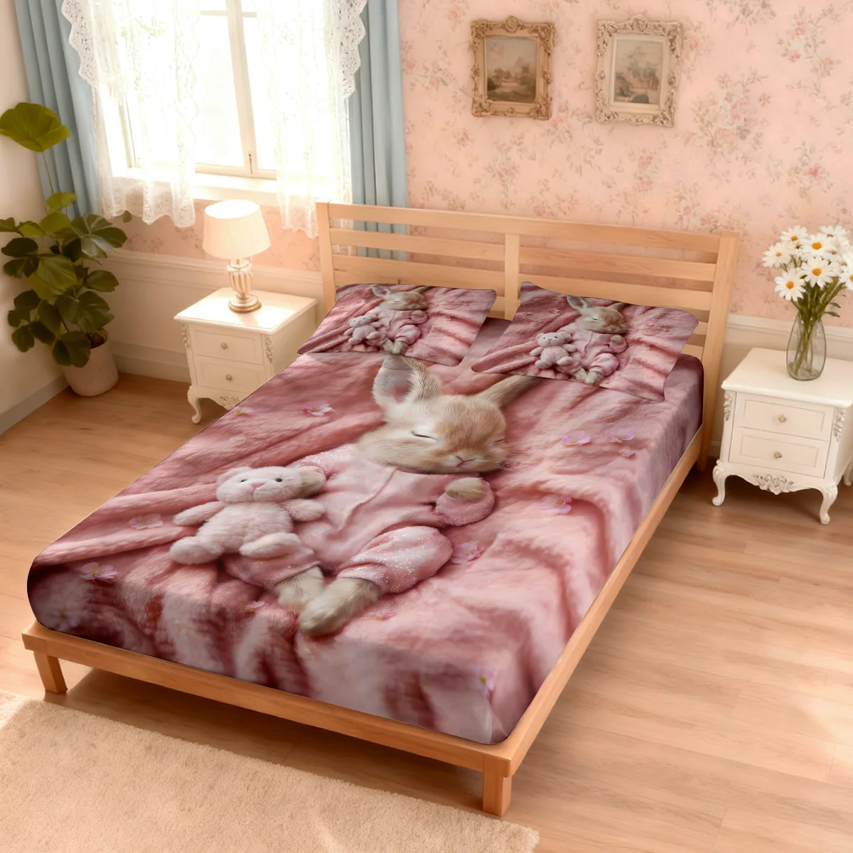 3pcs Cute Sleeping Rabbit Printed Chipless Bed Sheet Set Multi Size Comfortable Bed Cover Bedroom Bedding Decoration