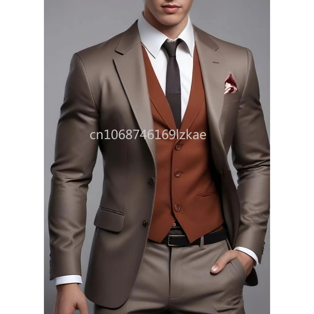 

Fashion Men Suits Notch Lapel Single Full Sets Customized Made 3 Piece Jacket Pants Vest Wedding Costume Homme 2024