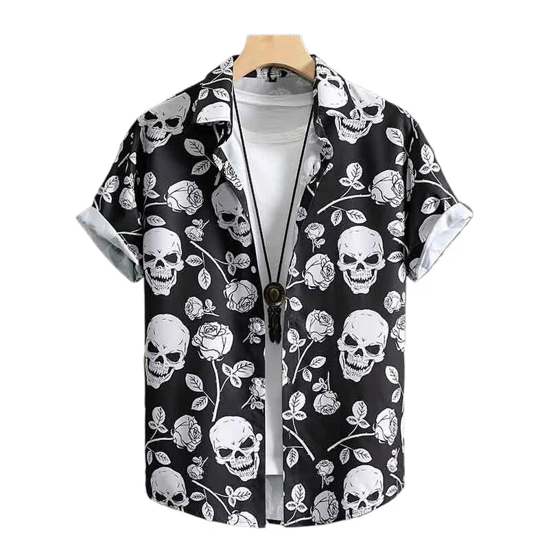 Summer Shirt Men's Clothing Short Sleeve Casual Shirts For Men Blouse Black Rose Skull Vintage Style New