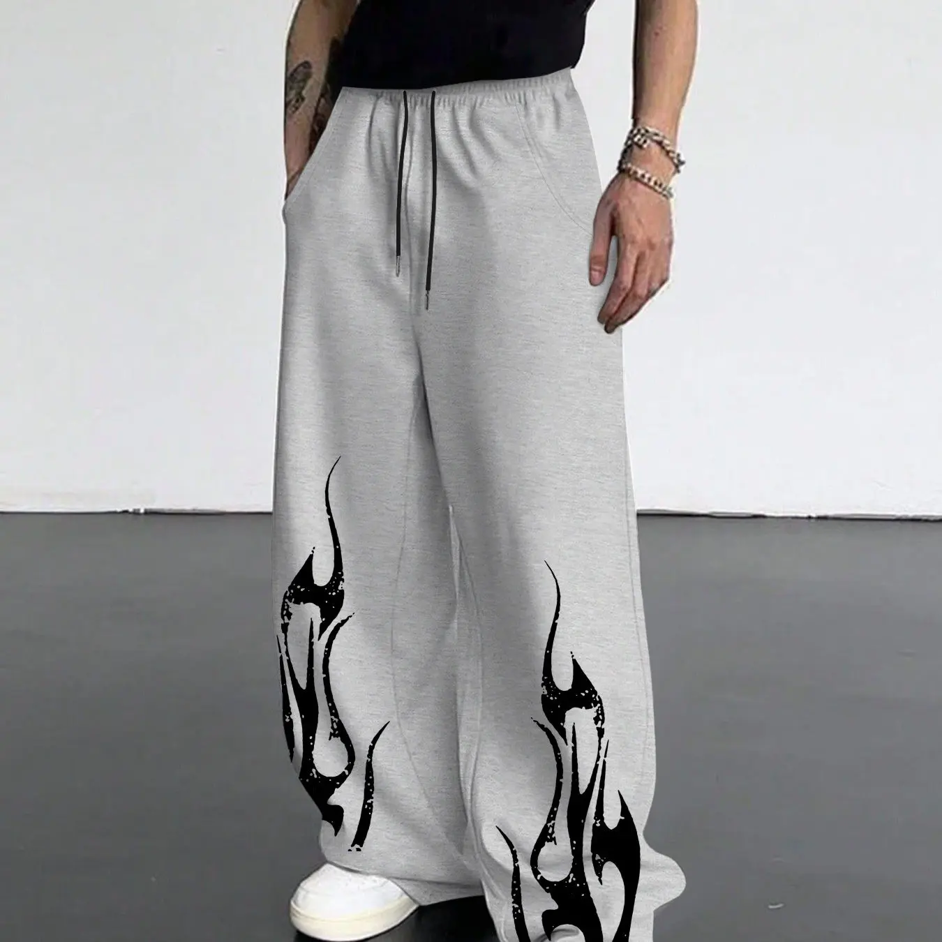 Men's Fashion Flame Print  Sports Straight Leg Pants Street Style Loose Hanging Wide Leg Pants Daily Versatile Bathroom Pants