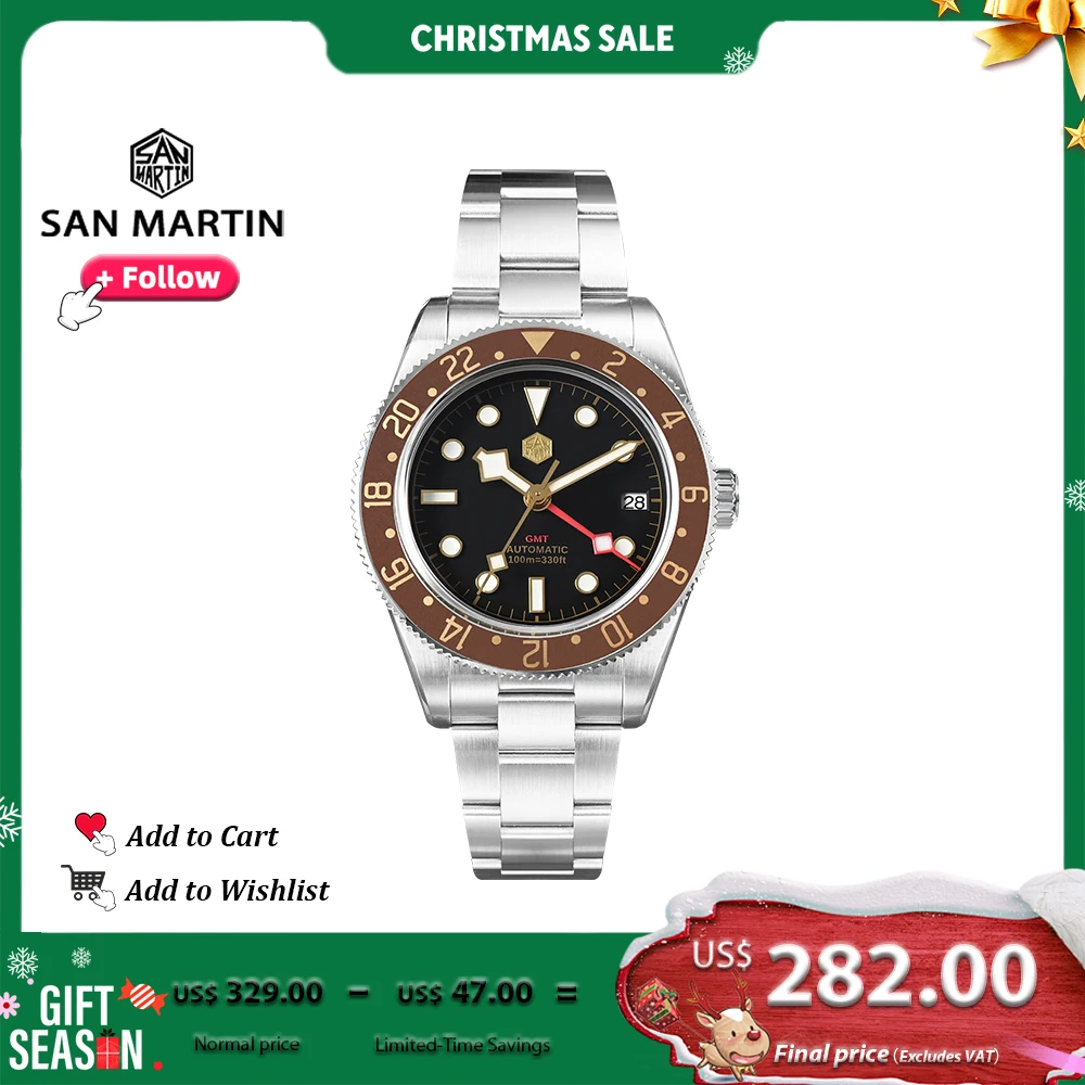 

San Martin 39mm Vintage Men Watch With Root Beer Style Bezel NH34 GMT Automatic Mechanical Watches Sapphire Waterproof SN0109