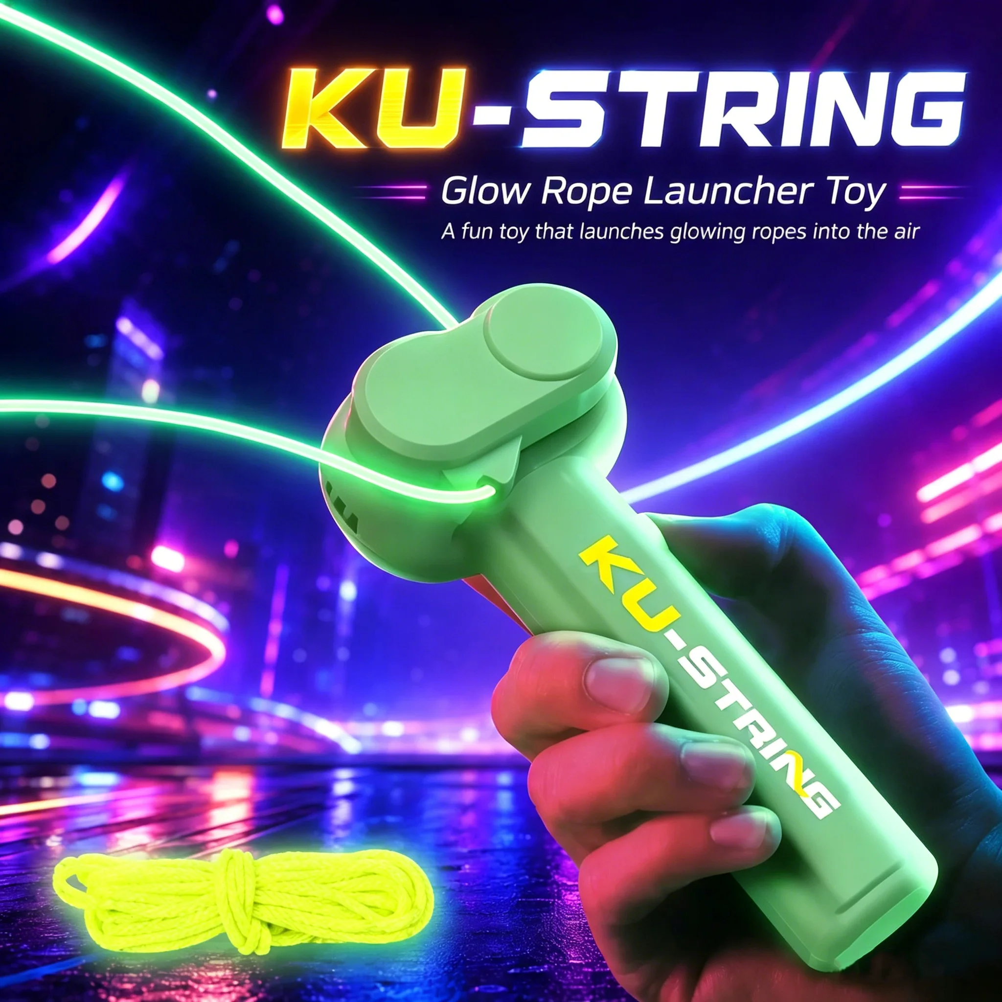 Glow In Dark String Rope Launcher Portable Handheld Stress Relief Interactive Toy Party Favor Gift for Kids Boys Girls