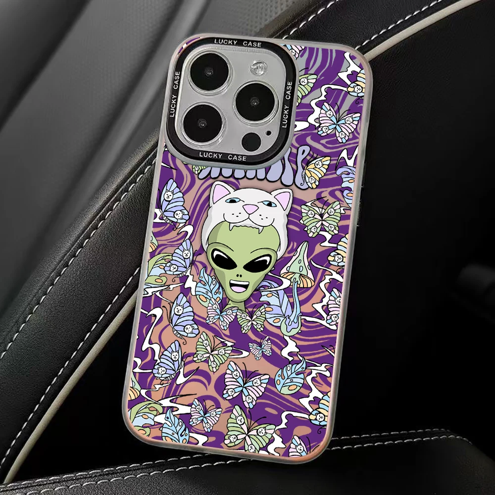 Funny Aesthetics Cartoon Alien Space Phone Case for iPhone 15 14 13 12 11 Pro Max X 7 8 Matte Aurora Laser Gradient Luxury Cover