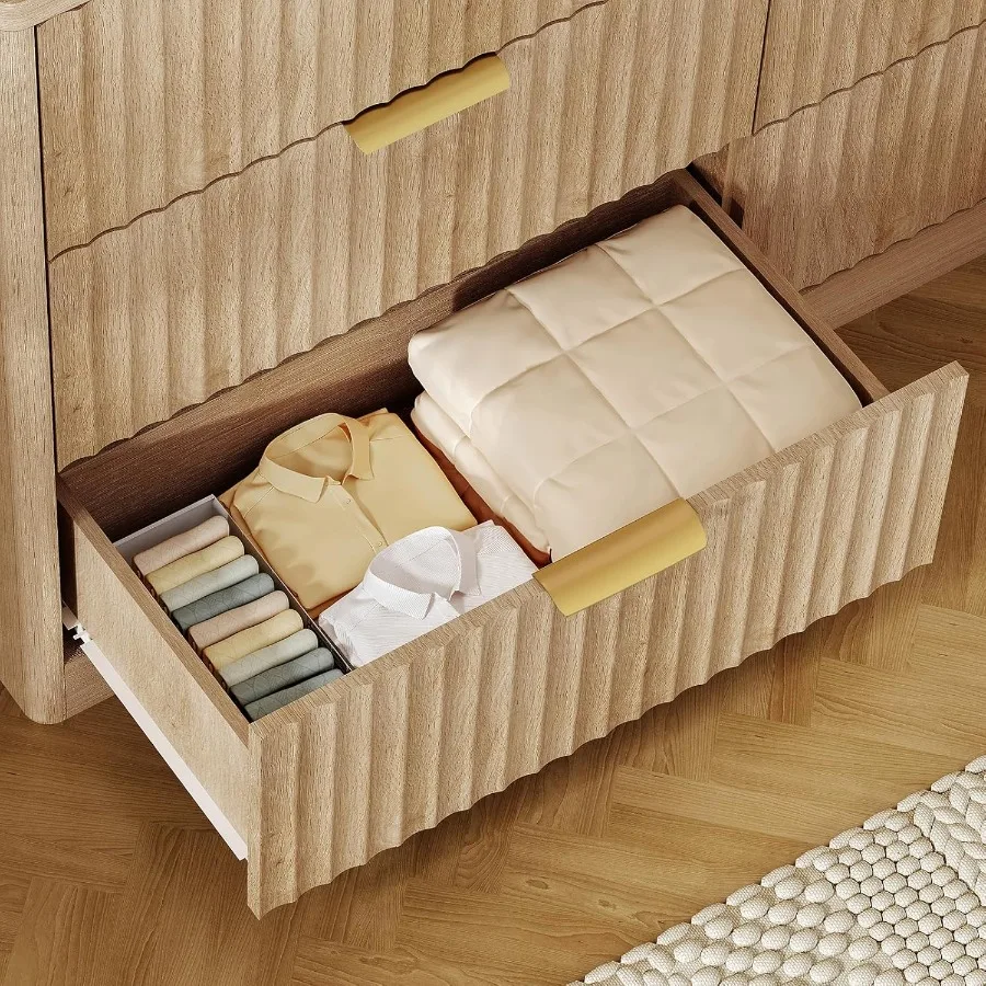 Fluted 6 Drawer Dresser for Bedroom Wide Modern Chest of Drawers with Metal Handle Curved Profile Design Wood Closet Clothes St