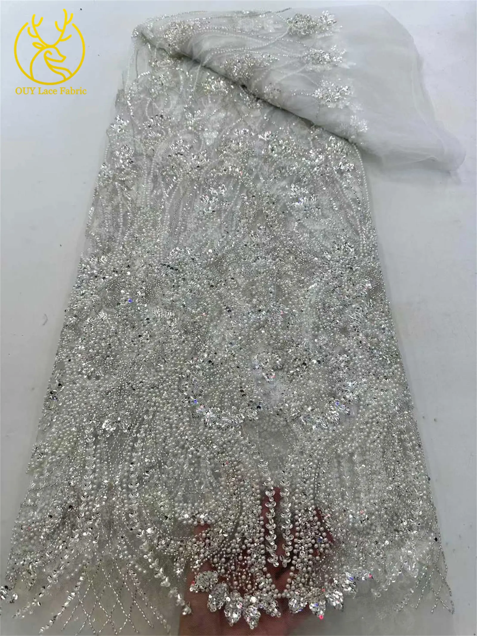 2026 Eleganter, hochwertiger afrikanischer nigerianischer Perlen-Spitzenstoff, luxuriöses französisches Pailletten-Netzgewebe, 5 Yards für Damen-Abendkleider und Partys – Detail 12