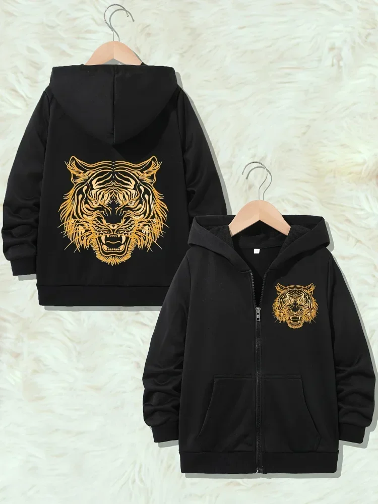 Boys Girls Cool Golden Tiger Printed Zip Hooded Coat Wild Animal Pattern Long Sleeve Kids Fashion Daily Outerwear
