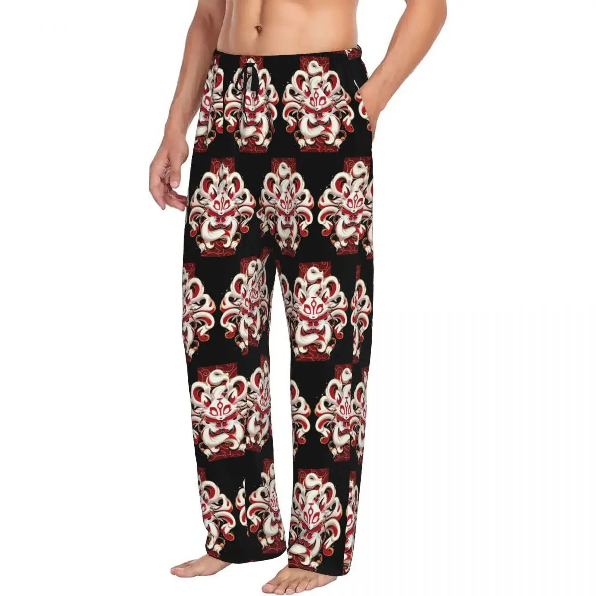 Pantalones de pijama para hombre con diseño personalizado de Fox Spirit Kitsune, estilo Kabuki japonés, ideales para estar en casa, dormir o como ropa de descanso, con bolsillos.