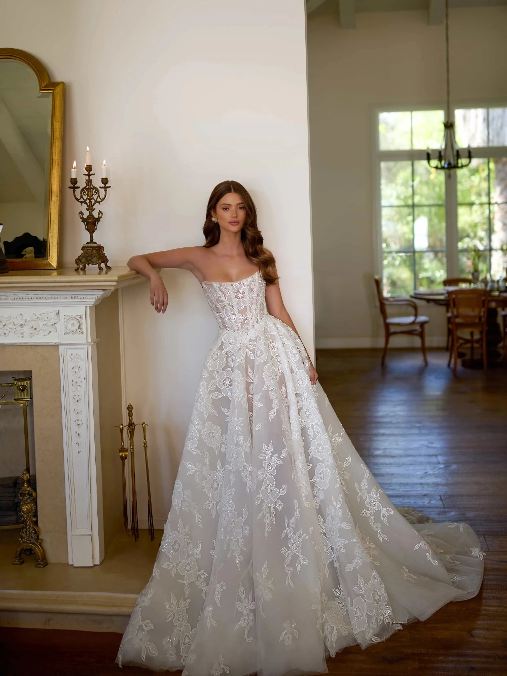 Romantic Full Floral Lace Bridal Gown Shiny A Line Strapless Wedding Dress With Detachable Puff Sleeves Customzied Gorgeous Wear
