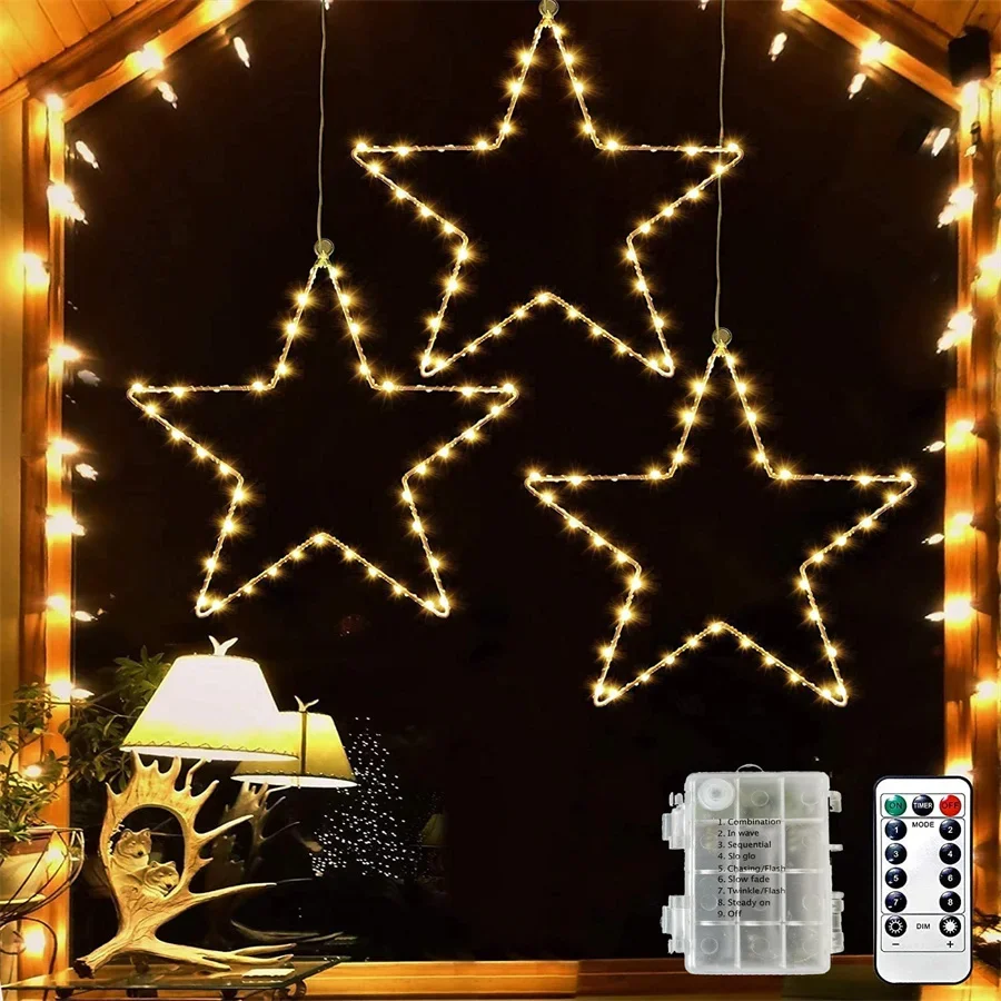 3 Pack Christmas Garland Window Fairy Light Christmas Window Star Light String Battery Operated 3 Remote for Outdoor Porch Decor