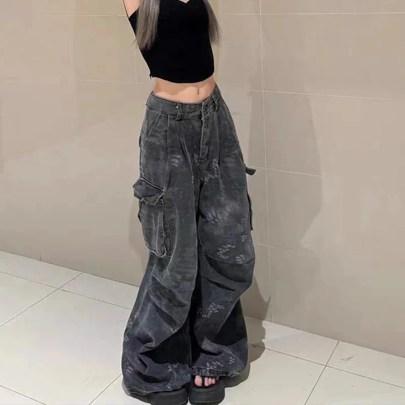فضفاض جيب الجينز المرأة البضائع عمال التمويه النمط الأمريكي 2025 الخريف الشتاء عالية الخصر مستقيم الساق سراويل تقليدية #4