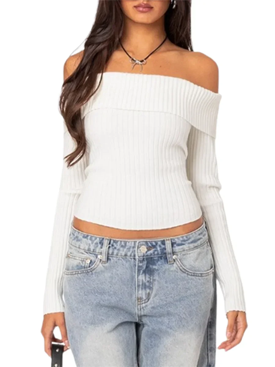 New Fashion Women Spring Autumn Knit Tops Solid Color Long Sleeve Off Shoulder Ribbed Knitwear Club Street Style S M L