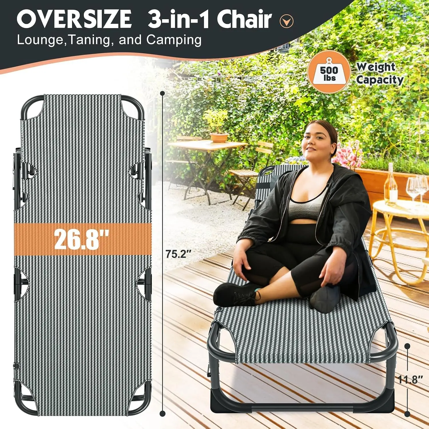 ^5-Position Folding Lounge Chair, Portable Outdoor Chaise Lounge for Sun Tanning, Perfect for Pool, Beach, Patio