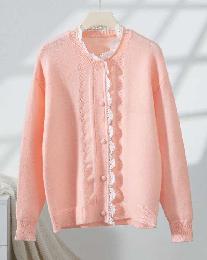 الخريف والشتاء أزياء أنيقة طويلة الأكمام الدانتيل خليط سترة محبوكة سترة W15 #4