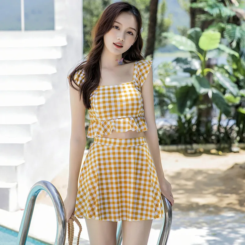 

Swimsuit for women summer mini splitflat corner skirt style, hot spring cute girl, checkered student swimsuit