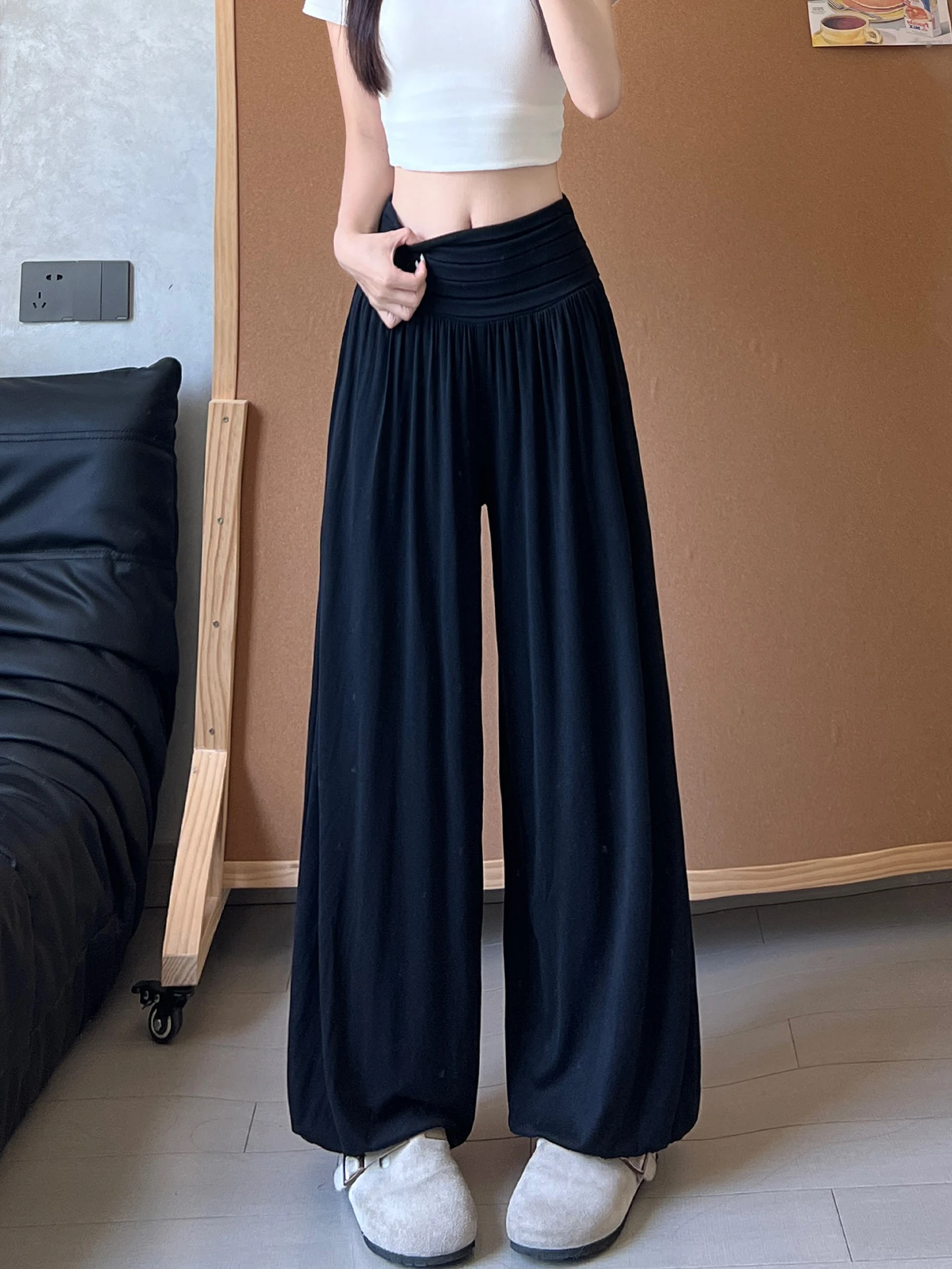 Black Pleated Lantern Pants Women's Fitness Sport Trousers Summer Trend Loose Casual Pants Yoga Nine Points Pants