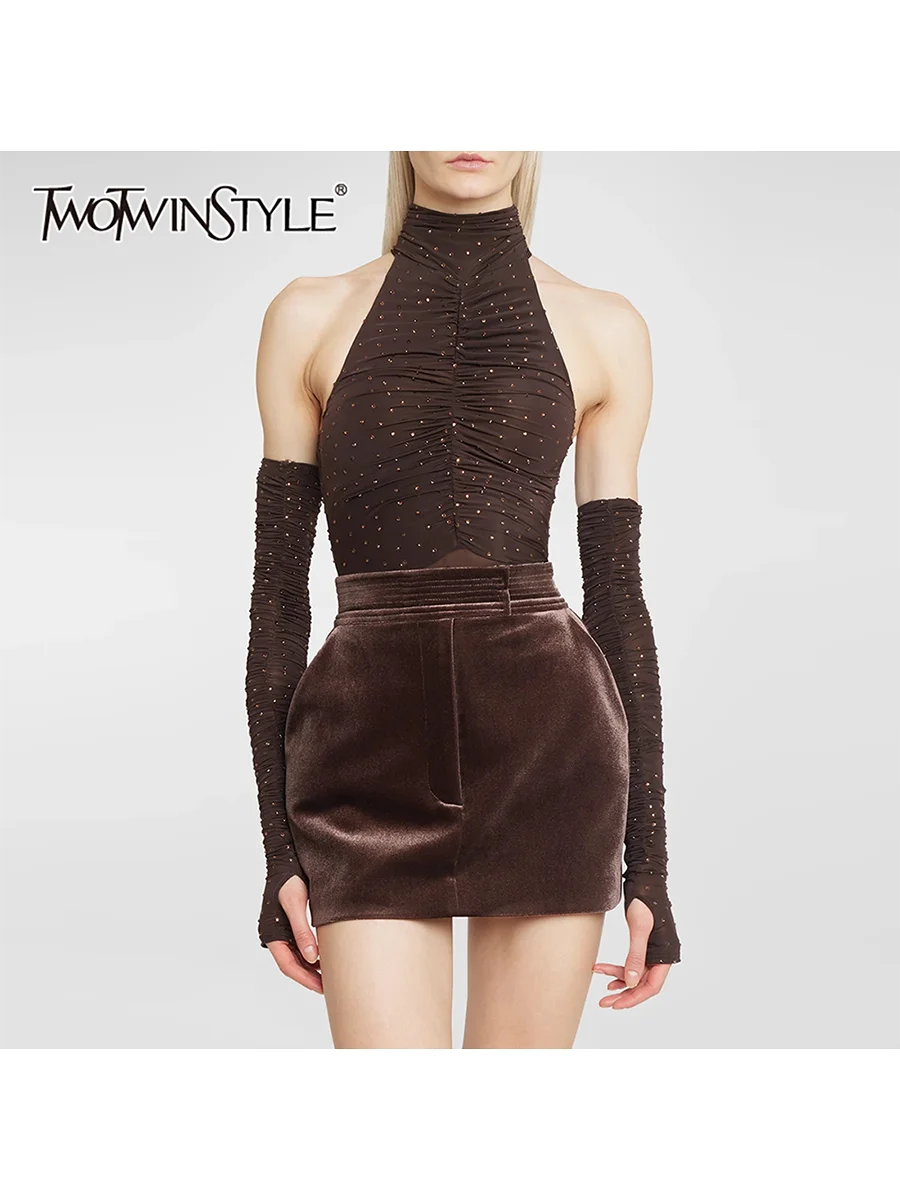 

TWOTWINSTYL однотонные комплекты из двух предметов для женщин, защита рукавов с высоким воротником, горячая фиксация, сращенный складной комбинезон, комплект с юбкой с высокой талией, женский