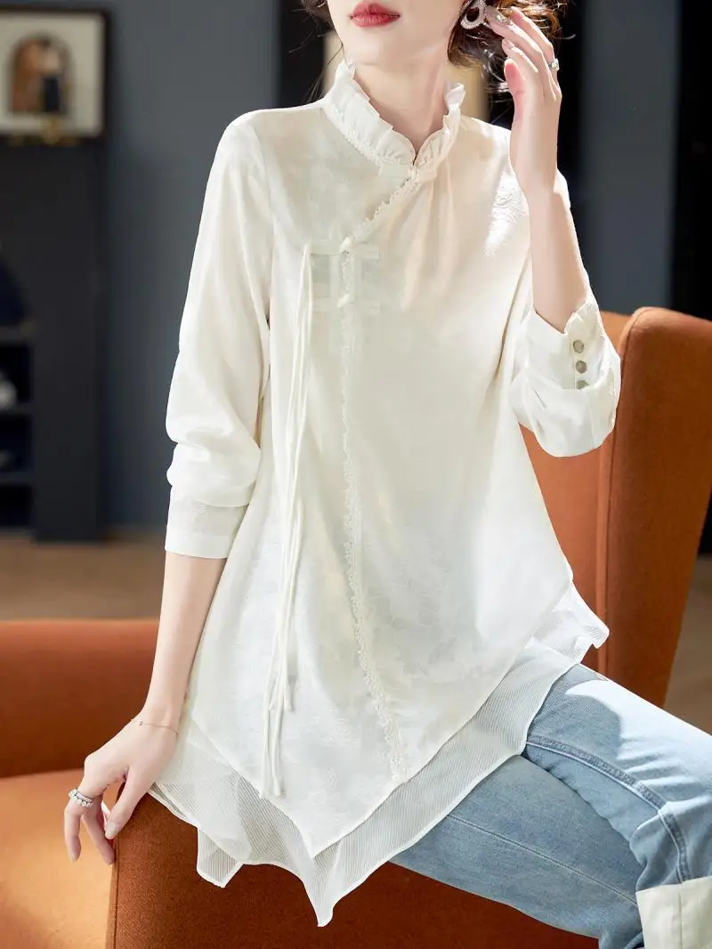 National Style New Chinese Jacquard Button Down Shirt with Irregular Long Sleeved Chiffon Design for Spring and Summer Blouses