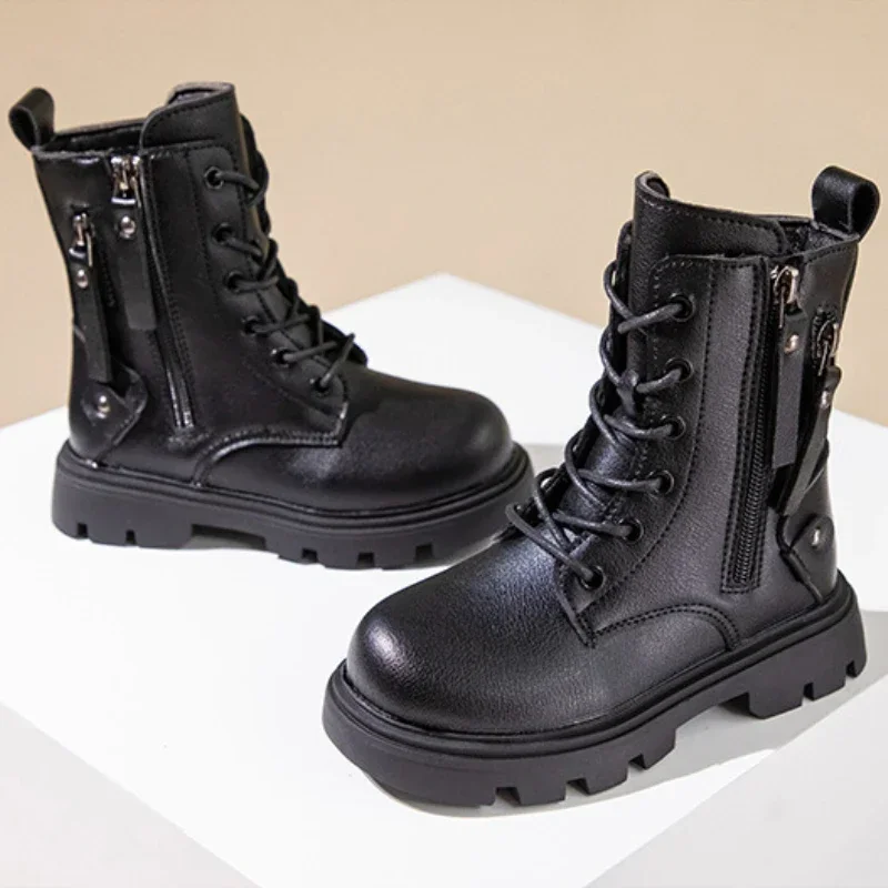 Spring Autumn Kids Shoes Boots for Girl New School Thick Bottom Ankle Boots Fashion Round-toe Children Black Boots Side Zipper