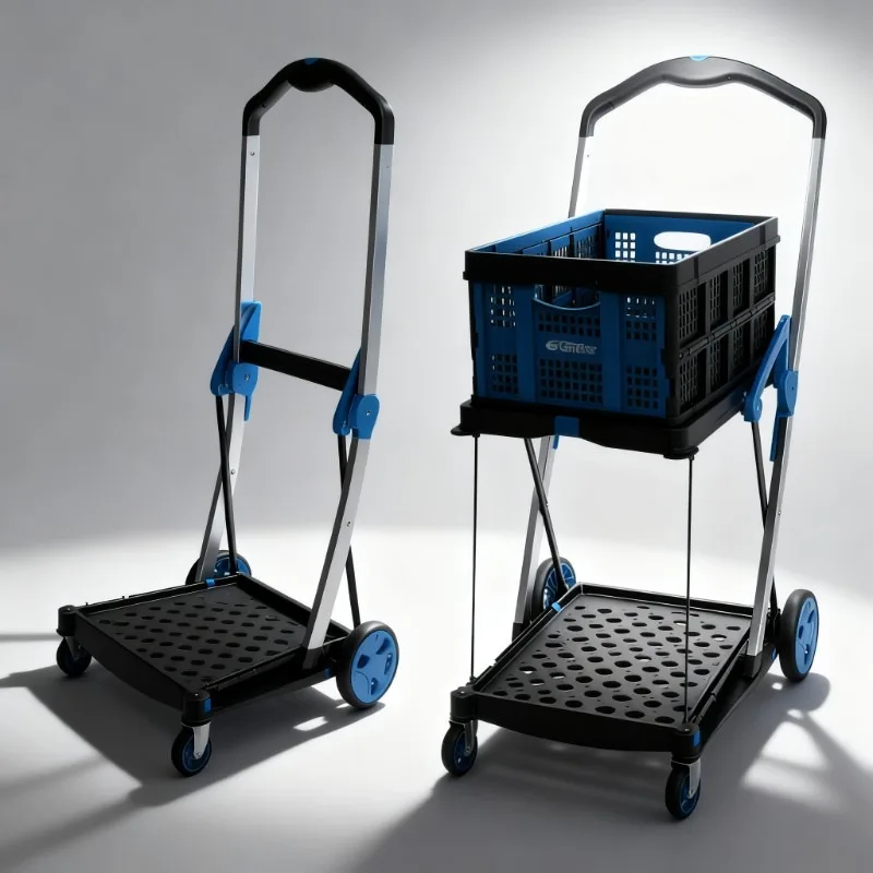 PP Double-decker Folding Utility Vehicle with Removable Basket, 4-wheel Commercial-grade Platform Trolley, Foldable