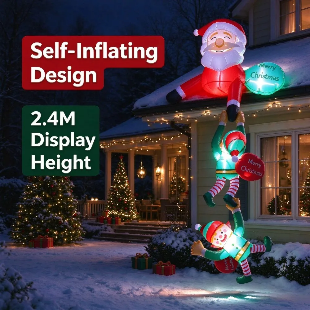 2.4M Inflatable Suspended Santa Claus With 2 Elf Built in LED Lights Indoor Outdoor Courtyard Roof Windows And Square Decoration