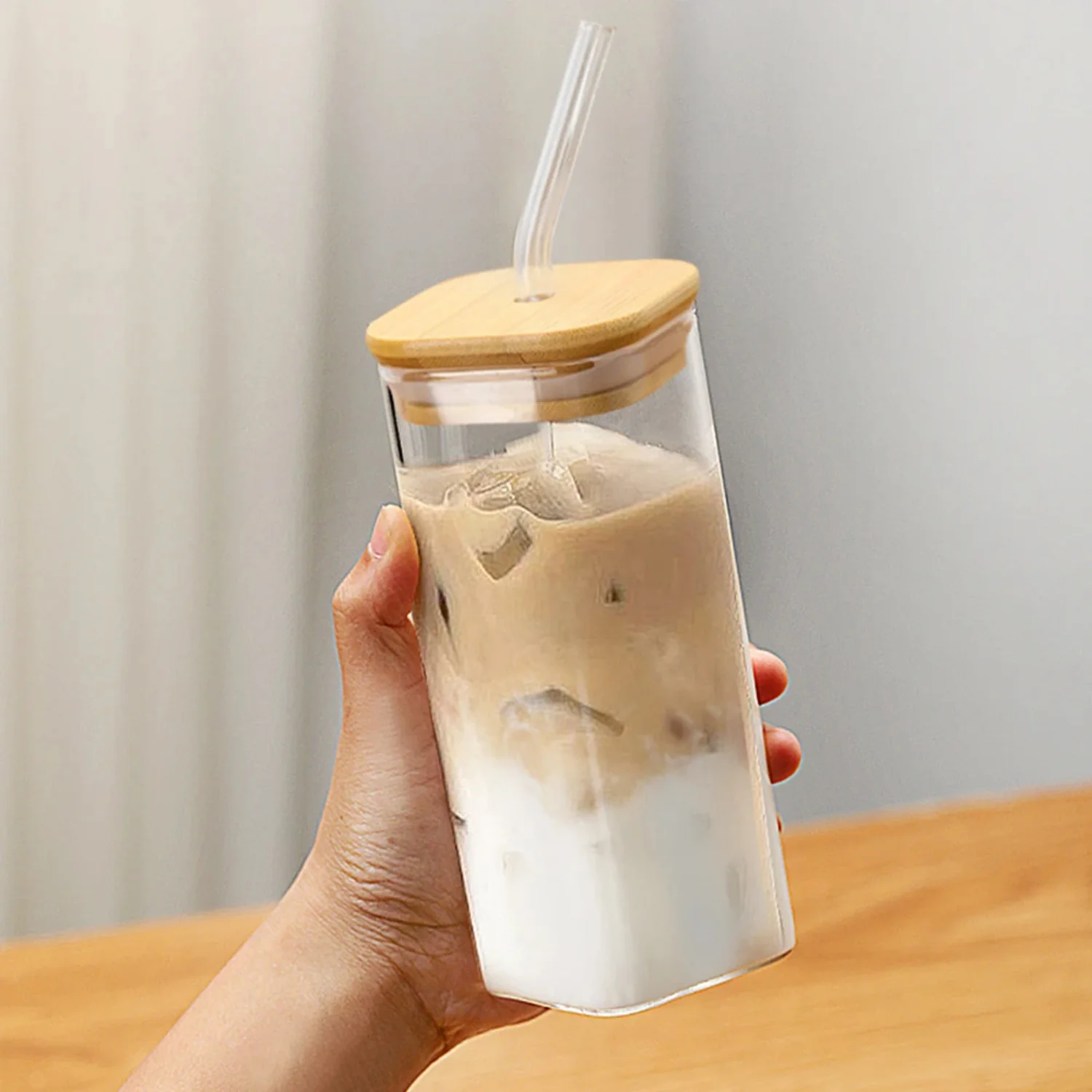 350ml Square Coffee Glass Cup With Lid and Straw Heat Resistant Ice Coffee Mug Breakfast Milk Cup Transparent Beer Cup Drinkware