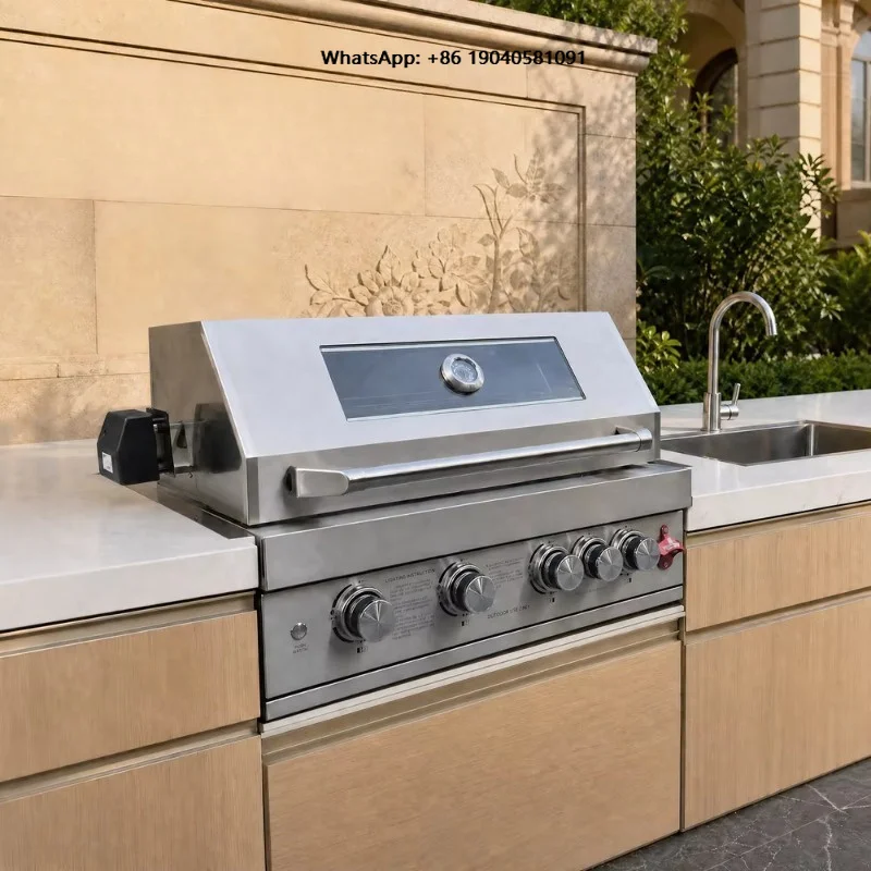 Outdoor Kitchen Island Built In Gas Grill 5 Burner 304 Stainless Steel BBQ Grill with Ceramic Rear Burner 8mm Cooking Grates