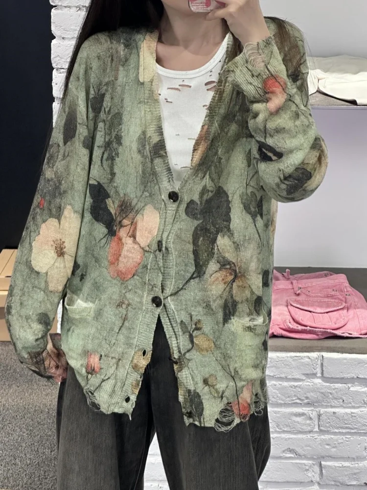 

Women's V-Neck Lightweight Vintage Floral Print Wool Sweater Y2K High-Quality Fashion Casual Loose Linen Knitted Cardigan