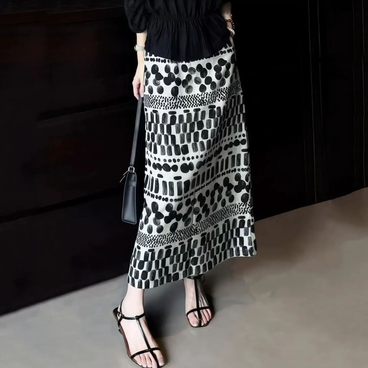 

Retro old money ethnic style deer printing skirt women's summer new high waist medium and long skirt