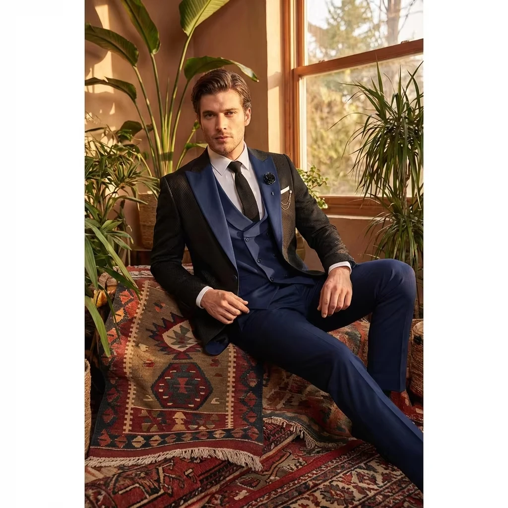 Brown 2026 Mens Suits Splicing Peak Lapel Wedding Prom Tuxedos 3 Piece Tweed for Autumn Slim Fit Blazer+Vest+Pant