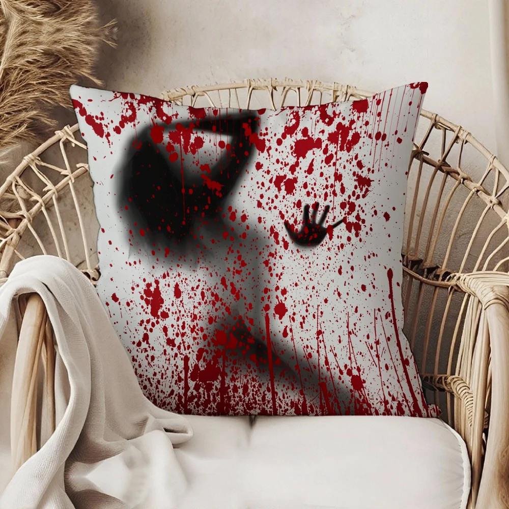Square Throw Pillow Case White Red Blood Splatter Silhouette Handprint Horror Theme Decor For Halloween Party Living Room Sofa B