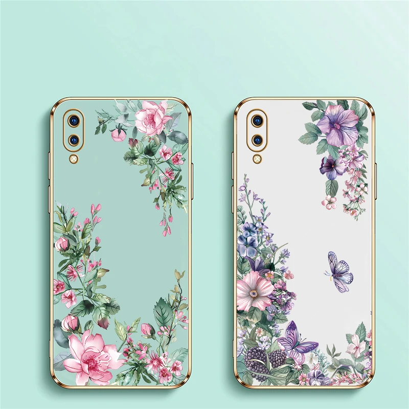 Placcatura Custodia morbida per telefono per Vivo V20 SE V17 V15 V19 Pro V9 V5 Lite V11 Custodia protettiva in silicone antiurto con motivo floreale