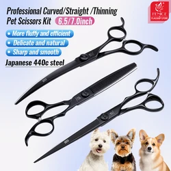 Fenice JP440C 6.5/7.5 Inch Professional Pet Serration Blade Grooming Scissors Set Kits Dog Straight&Curved&Thinner Scissors Kits